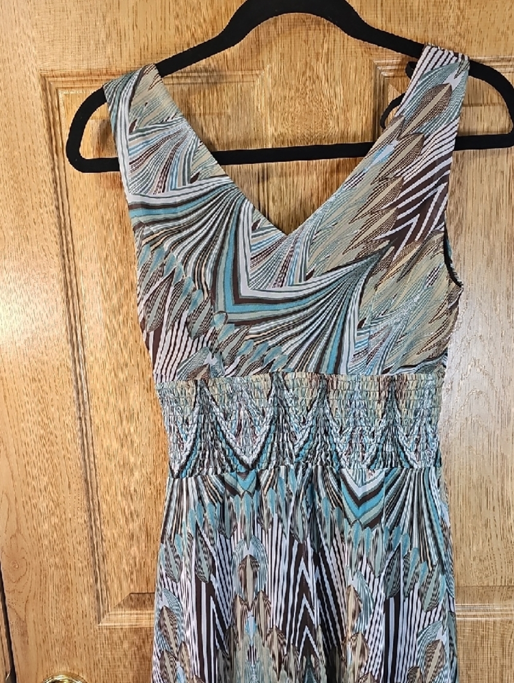 dressbarn Teal, Brown and Cream V-Neck Smocked Waist Midi Dress - Picture 9 of 10